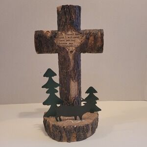 Resin Cross With Wood Grain Wildlife Pine Tree Theme Hebrews 13:5 Bible Verse